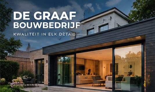Moderne aanbouw met grote glazen pui en donkere gevelbekleding